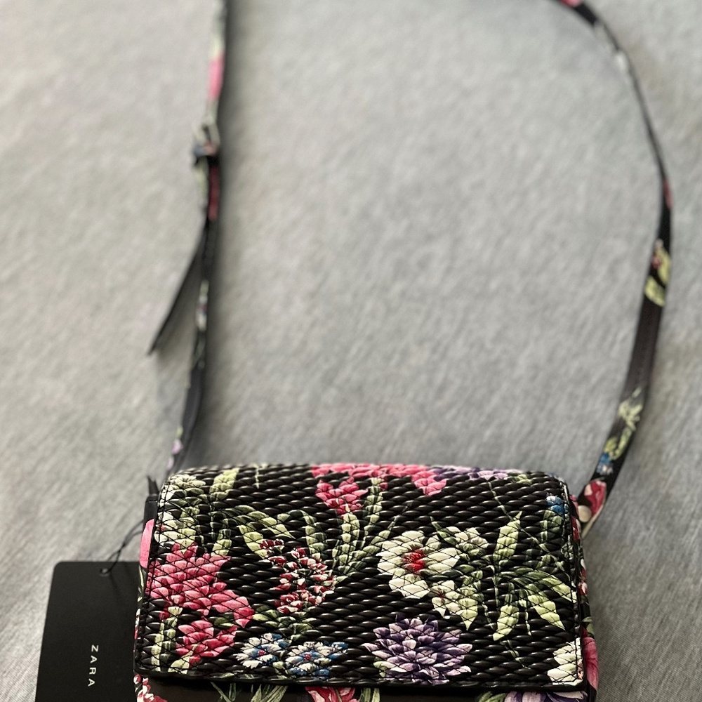 ZARA Women Crossbody Bag Quilted Black Floral Faux Leather Purse Handbag NEW